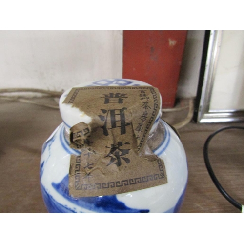 8 - CHINESE BLUE AND WHITE TEA JAR AND COVER