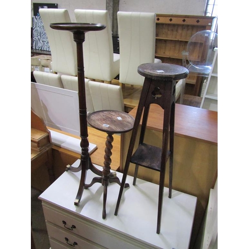 587 - TWO PLANT STANDS AND A TRIPOD TABLE