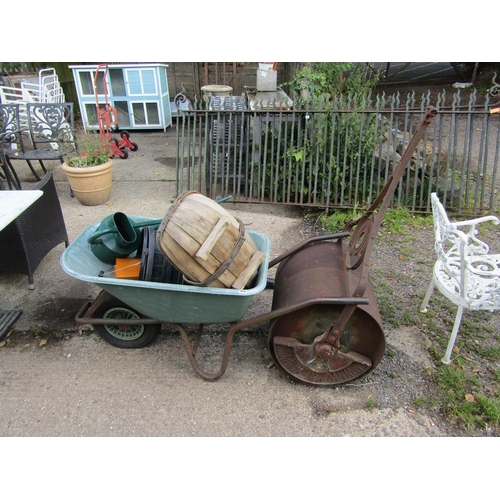 958 - WHEELBARROW, BUCKETS, GARDEN ROLLER ETC.