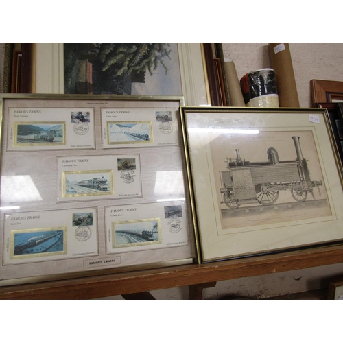 177 - COLLECTION OF FRAMED WATERCOLOURS AND PRINTS - STEAM ENGINES ETC; FIRST DAY COVERS