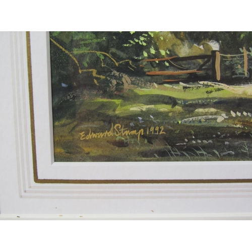 1100 - EDWARD STAMP 1992 - ON THE OUTSKIRTS OF STEWKLEY,BUCKINGHAMSHIRE, SIGNED WATERCOLOUR, F/G, 17CM X 24... 