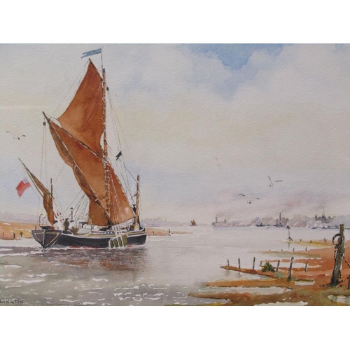 1106 - G D HOLLINGTON - FISHING VESSEL LEAVING THE ESTUARY, SIGNED WATERCOLOUR, F/G, 25CM X 35CM