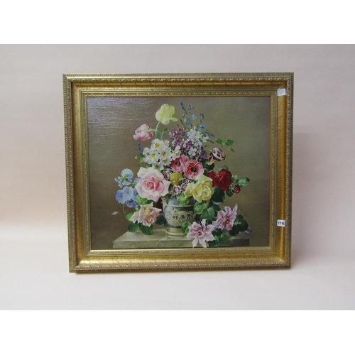 1108 - HAROLD CLAYTON - VASE OF SUMMER FLOWERS AND ROSES, OELOGRAPH, FRAMED, 53CM X 63CM