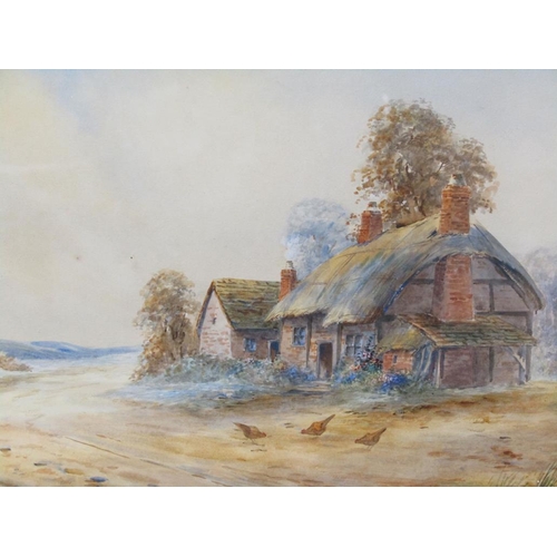 1109 - ERNEST POTTER - THATCHED ROAD SIDE COTTAGE WITH CHICKENS IN FOREGROUND, SIGNED WATERCOLOUR, F/G, 30C... 