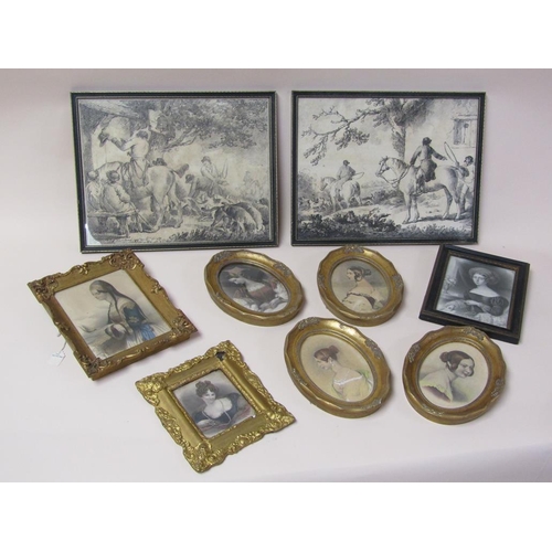 1111 - COLLECTION OF NINE VICTORIAN COLOURED PRINTS - LADIES; TWO MOORLAND BLACK ON WHITE HUNTING SCENES