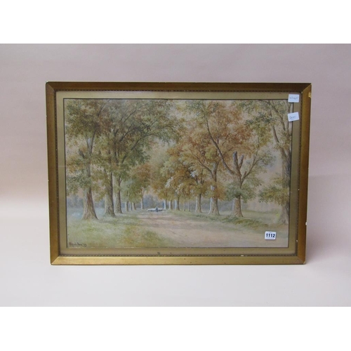 1112 - ALFRED BOX 79 - 19C SCENE OF SHEPHERD WITH FLOCK IN AVENUE OF TREES, WATERCOLOUR, F/G, 43CM X 65CM