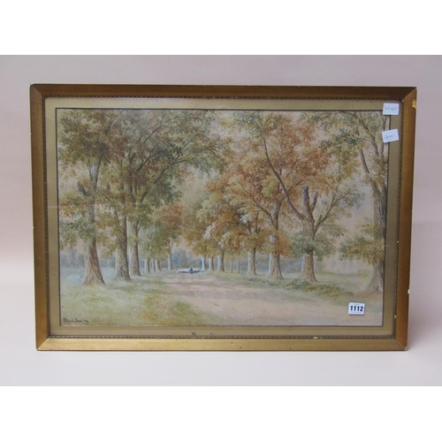 1112 - ALFRED BOX 79 - 19C SCENE OF SHEPHERD WITH FLOCK IN AVENUE OF TREES, WATERCOLOUR, F/G, 43CM X 65CM