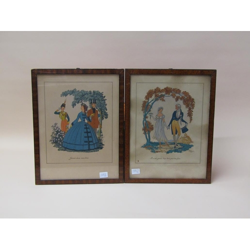 1114 - THREE FRENCH FIGURATIVE COLOURED PRINTS - COURTING SUBJECTS, EACH F/G, APPROX 28CM X 38CM