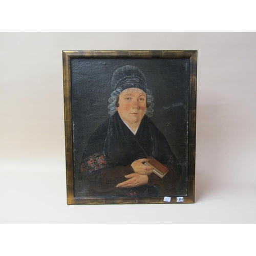 1118 - SIGNED INDISTINCTLY - 19C PORTRAIT OF A LADY HOLDING A BOOK, OIL ON CANVAS, FRAMED, 64CM X 53CM