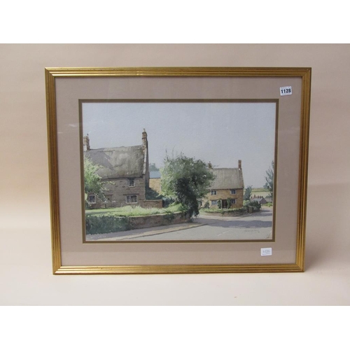 1128 - JEREMY BARLOW - COTTAGES AT HARLESTONE, NORTHAMPTONSHIRE, SIGNED WATERCOLOUR, F/G, 38CM X 52CM