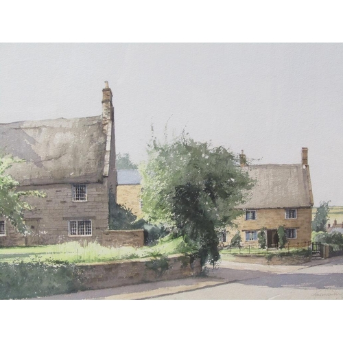 1128 - JEREMY BARLOW - COTTAGES AT HARLESTONE, NORTHAMPTONSHIRE, SIGNED WATERCOLOUR, F/G, 38CM X 52CM