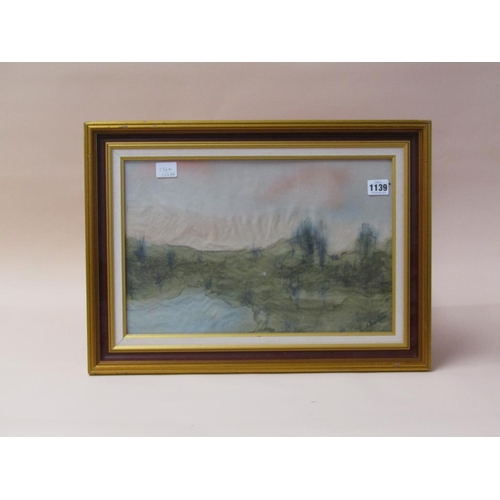 1139 - S CHARFEN - LANDSCAPE WITH LAKE, CONTEMPORARY PAINTING ON MATERIAL, SIGNED, FRAMED, 26CM X 40CM