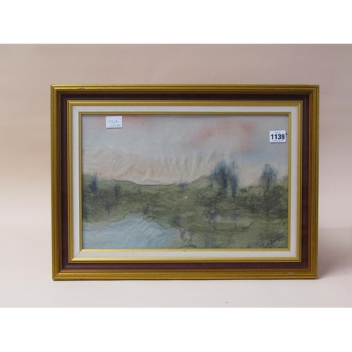 1139 - S CHARFEN - LANDSCAPE WITH LAKE, CONTEMPORARY PAINTING ON MATERIAL, SIGNED, FRAMED, 26CM X 40CM