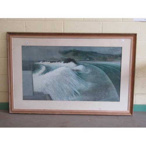 1140 - JOSEPH MAXWELL 1977 - EXTENSIVE COASTAL SCENE, SIGNED WATERCOLOUR, FRAMED, 70CM X 120CM