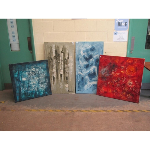 1149 - SERIES OF FOUR CONTEMPORARY OIL ON CANVAS, ONE SIGNED INDISTINCTLY, TWO 90CM X 90CM & TWO 120CM X 65... 