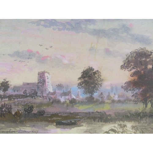 1154 - GORDAN DAVEY - PAIR, LANDSCAPE WITH CHURCHES AND RIVER, SIGNED WATERCOLOURS, F/G, EACH 10CM X 14CM