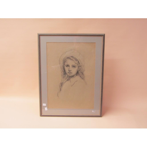 1155 - UNSIGNED LATE 19C/EARLY 20C - CHARCOAL PORTRAIT OF A YOUNG LADY, F/G, 67CM X 46CM