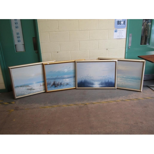 1160 - SIGNED INDISTINCTLY - SERIES OF FOUR COASTAL SUBJECTS, OIL ON CANVAS, FRAMED, 61CM X 90CM