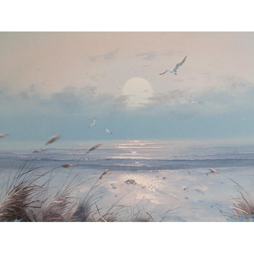 1160 - SIGNED INDISTINCTLY - SERIES OF FOUR COASTAL SUBJECTS, OIL ON CANVAS, FRAMED, 61CM X 90CM