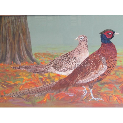 1161 - TWO WATERCOLOUR AND FEATHER COLLAGE - PHEASANTS, EACH F/G, 60CM X 90CM