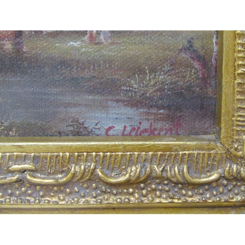 1172 - SIGNED INDISTINCTLY - RIVERSCAPE WITH WINDMILL AND FIGURES, 19C OIL PAINTING, GILT FRAMED, 11CM X 24... 