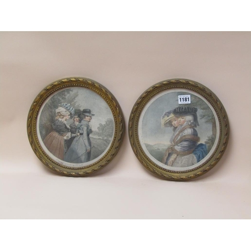 1181 - PAIR OF VICTORIAN CIRCULAR COLOURED PRINTS - LADIES AND A GENTLEMAN, EACH FRAMED, 20CM DIAM