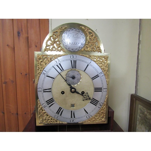 1195 - MAHOGANY LONGCASE CLOCK WITH ARCH GILT AND SILVERED DIAL, WILLIAM NICKALS WELLS, 190CM H