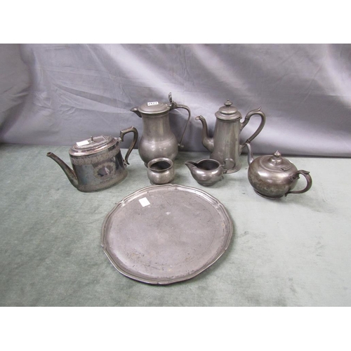 1242 - PEWTER TRAY TOGETHER WITH SIX ITEMS OF PEWTER WARES THEREON