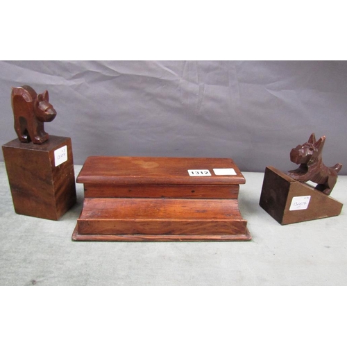 1312 - WOODEN TWO BOTTLE INKSTAND, 23CM W; PAIR OF BOOKENDS