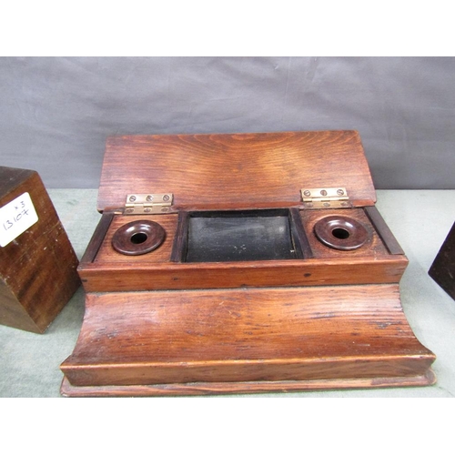 1312 - WOODEN TWO BOTTLE INKSTAND, 23CM W; PAIR OF BOOKENDS