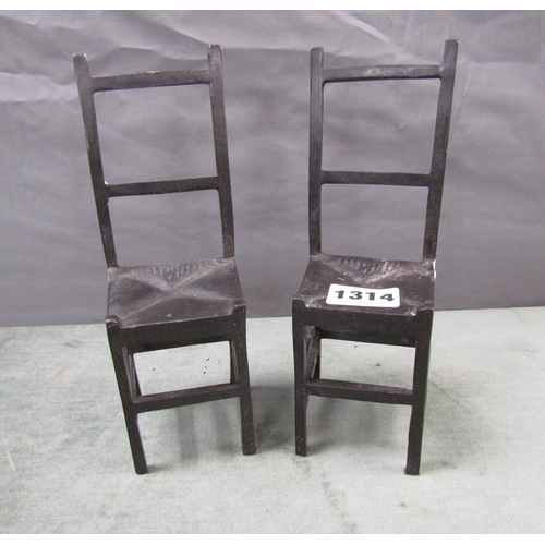 1314 - PAIR OF METAL MINIATURE LADDERBACK CHAIRS, EACH 19CM H