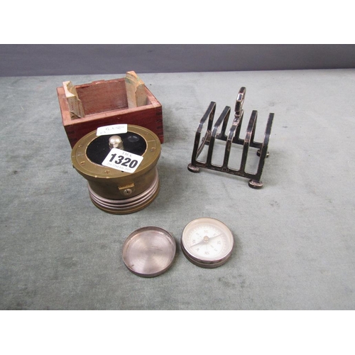 1320 - BRASS CASED COMPASS IN BOX; POCKET COMPASS; FOUR DIVISION TOAST RACK