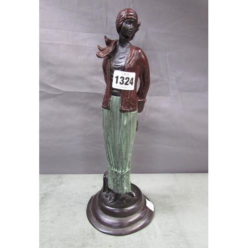 1324 - PAINTED METAL FIGURE OF AN AFRICAN LADY, 28CM H