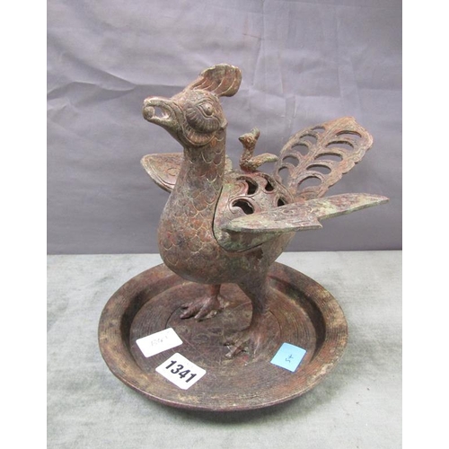 1341 - REPRODUCTION ORIENTAL METAL CENSOR IN THE FORM OF A GAME COCK - 22cms