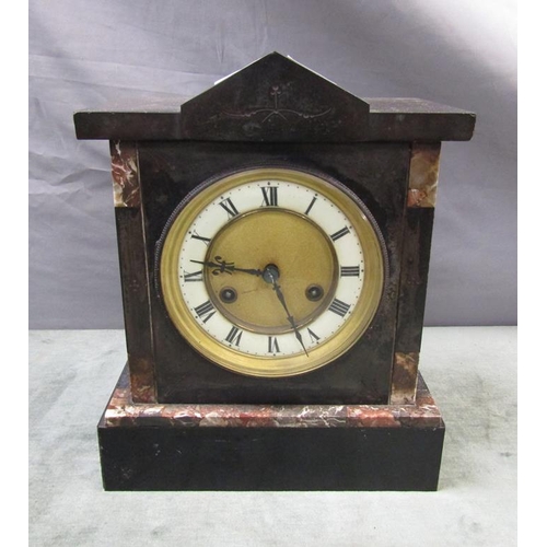 1343 - EDWARDIAN PERIOD BLACK SLATE AND MARBLE MANTEL CLOCK - 29cms H