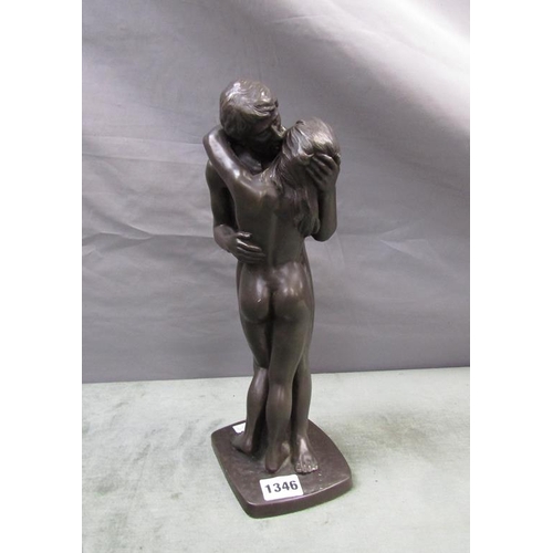 1346 - PATINATED METAL FIGURE GROUP OF A LADY AND GENT 34cms H