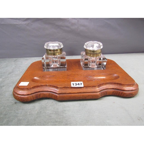 1347 - TWO GLASS BOTTLE INKSTAND, THE BASE 34cms L