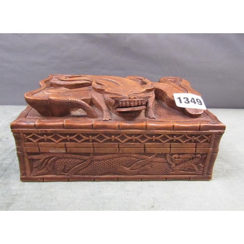 1349 - ORIENTAL DRAGON CARVED CIGARETTE BOX WITH FITTED TWO COMPARTMENTS 20cms W