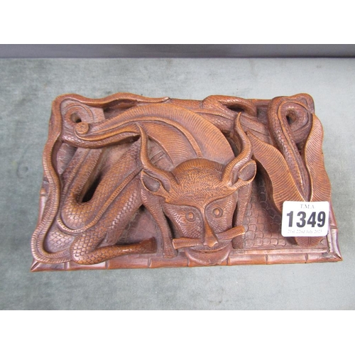 1349 - ORIENTAL DRAGON CARVED CIGARETTE BOX WITH FITTED TWO COMPARTMENTS 20cms W