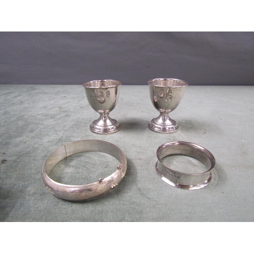 1586 - TWO SILVER EGG CUPS, BANGLE, NAPKIN RING 2.5ozt