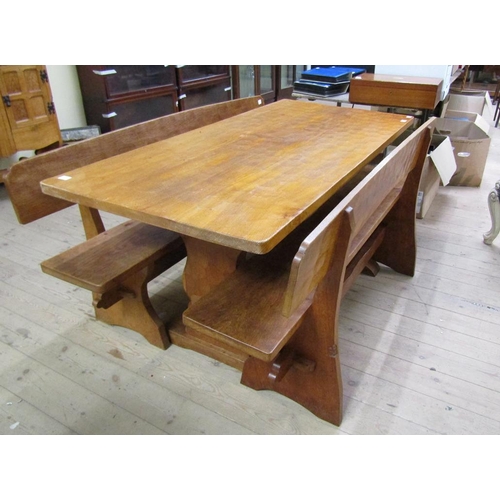 1783 - THOMAS GNOMEMAN OAK REFECTORY TABLE 74 x 152 x 74 cms AND TWO BENCH SEATS