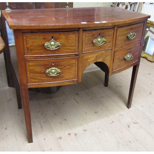 1810 - 19c MAHOGANY BOW FRONT CROSS BANDED LINE INLAID BRANDY BOARD WITH FITTED FIVE SHORT DRAWERS WITH KNE... 