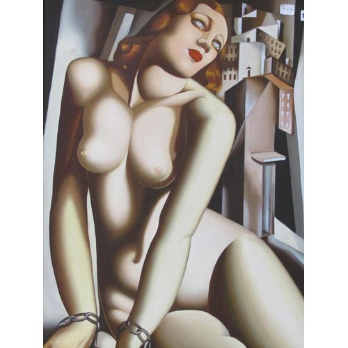 1153 - UNSIGNED CONTEMPORARY OIL ON CANVAS - PORTRAIT OF CHAINED NUDE LADY, FRAMED 90CM X 60CM