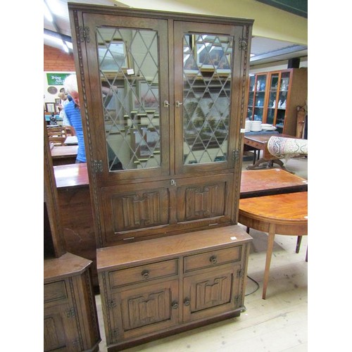 1808 - TWO DRAWERS SIDE CABINET WITH LATTICE GLAZED UPPER CUPBOARD OVER A COCKTAIL SHELF 194 x 95 cms