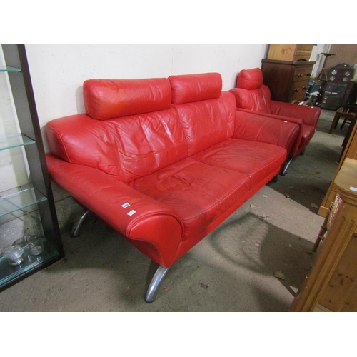 609 - RED LEATHER SOFA AND ARMCHAIR