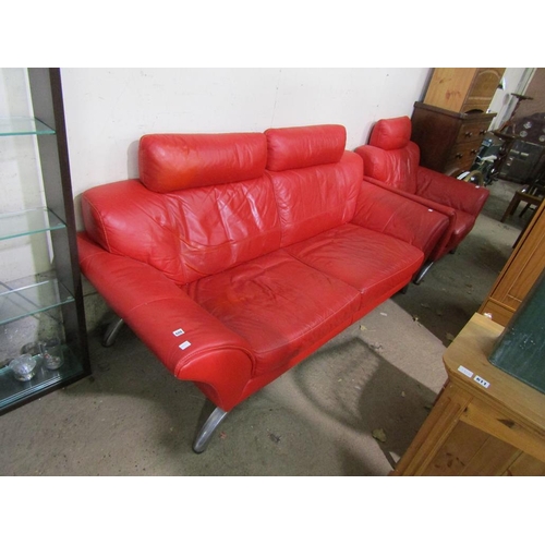 609 - RED LEATHER SOFA AND ARMCHAIR