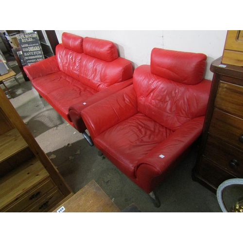 609 - RED LEATHER SOFA AND ARMCHAIR