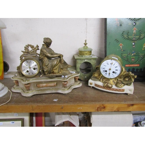 10 - TWO FRENCH GILT METAL AND ALABASTER BASED MANTEL CLOCKS; ONE CASE