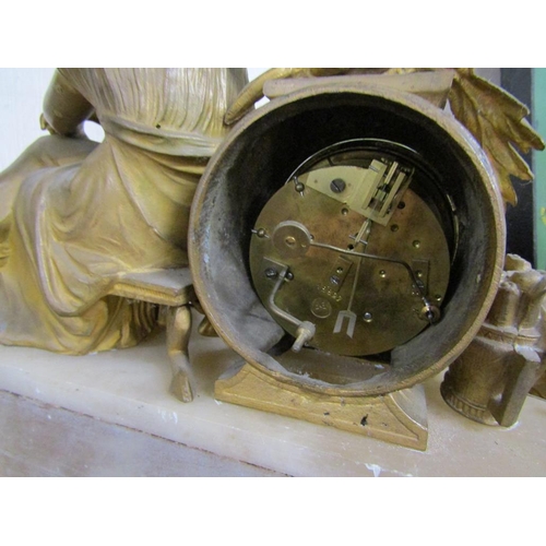 10 - TWO FRENCH GILT METAL AND ALABASTER BASED MANTEL CLOCKS; ONE CASE