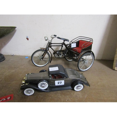 27 - MODEL OF A BICYCLE AND SIDE CAR; BATTERY OPERATED MODEL CAR